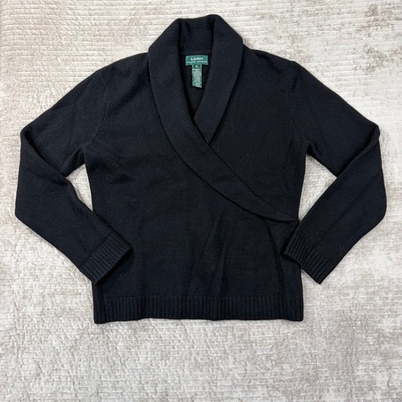 Lauren Ralph Lauren Black Merino Wool Cashmere Angora Shawl Wrap Sweater XL - Picture 1 of 6